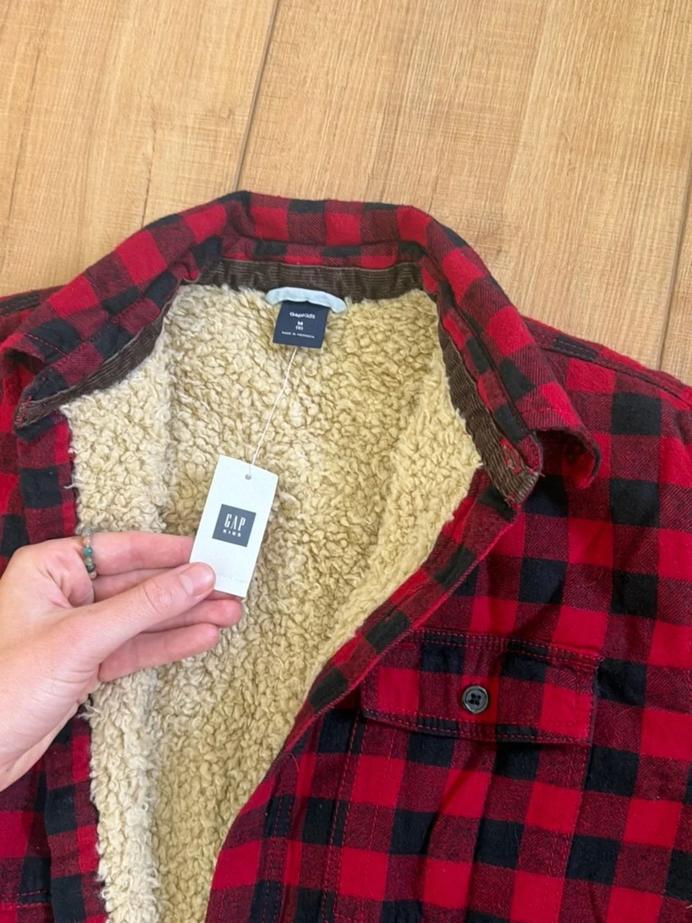 Gap kids size medium red and Black Plaid Sherpa-Lined long button up Jacket nwt